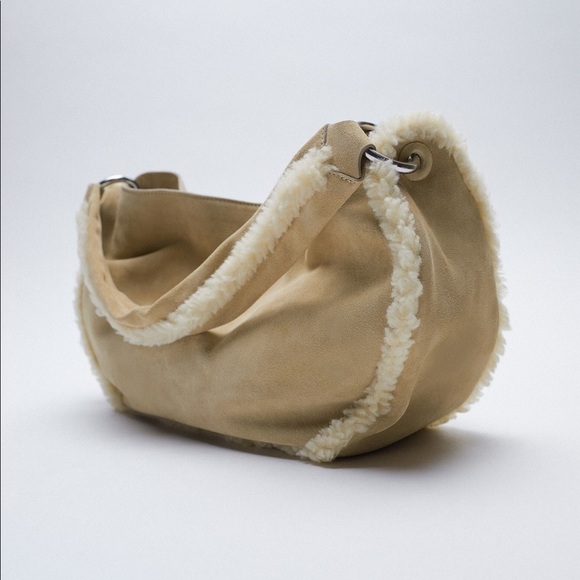 NWT. Zara Cream/Beige Faux Shearling Split suede Shoulder Bag. main image 8